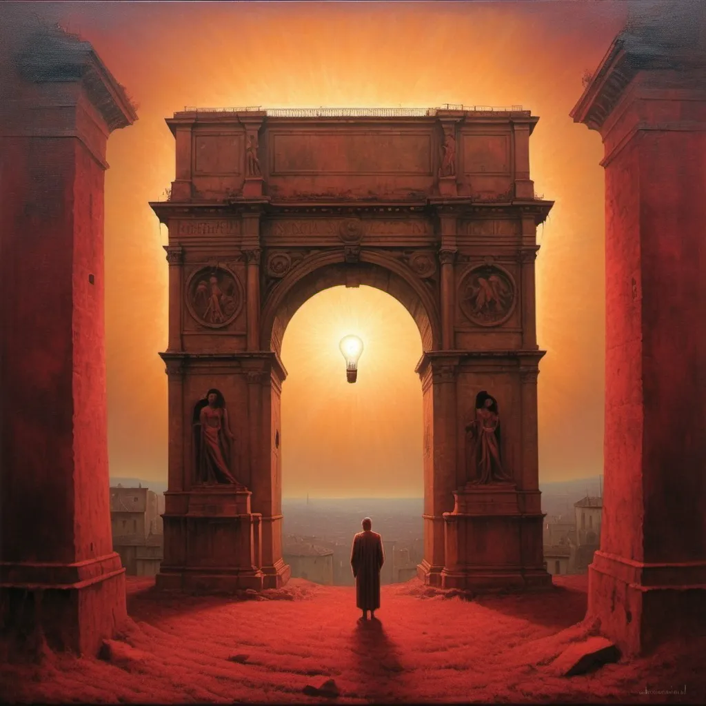 Prompt: Generate an image in the style of the painter Zdzisław Beksiński. oil painting, Umbria, sanguine, Apply the light style. The Arc de Victory in Paris can be seen in the background. Apply the light and shadow style. inside the mysterious figure with an open chest you can see a light bulb