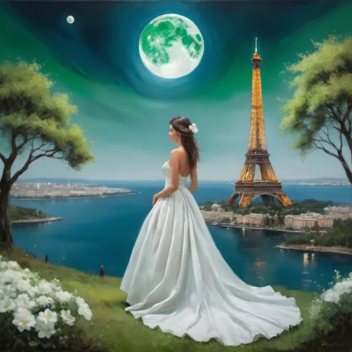 Prompt: Generate an oil painting.  The photo shows a fantastic scene of floating islands with a large moon in the background. The woman is shown in a wedding dress. He holds shoes in his hand. Pose women very sharply, expressively. The background is very blurry, only the woman can be seen very clearly and sharply. On one island there is a tree with white flowers, and on the other you can see a building resembling the Eiffel Tower.  green, Phthalo Blue, Prussian Blue



