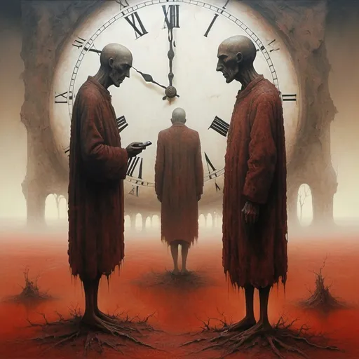 Prompt: generate paintm style zdzisław beksinski. Generate Phone, Generate clock.  Two mysterious figures. The figures can be seen very sharply and expressively. The background is very blurry, only the characters can be seen clearly and sharply. . Titanium White
The background is a sanguine painting and umbria style