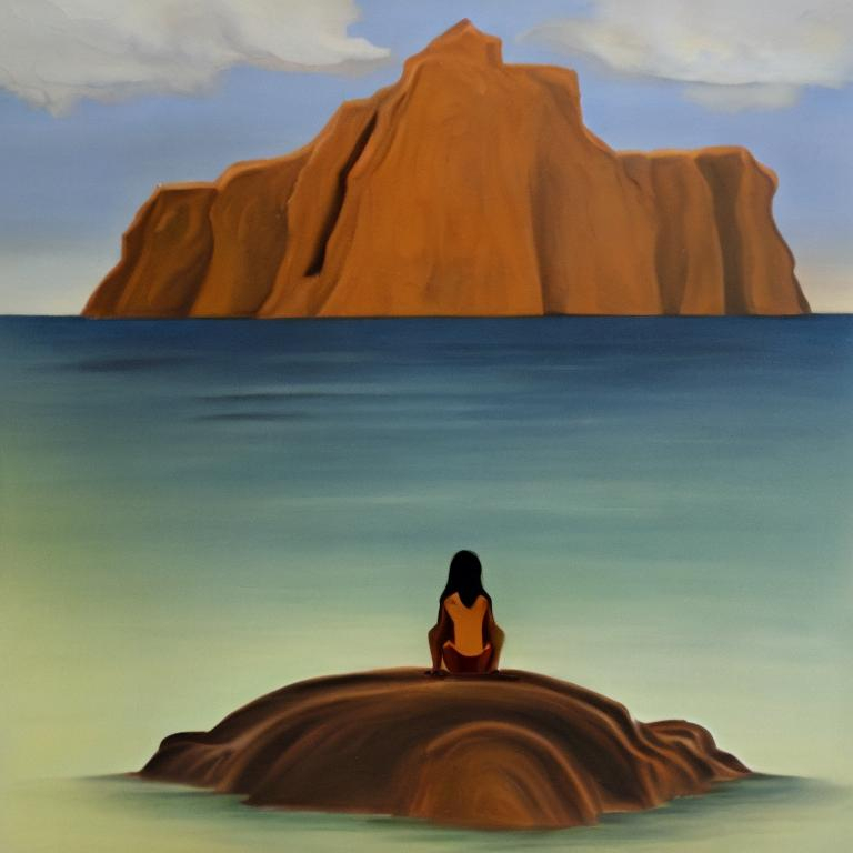 Prompt: Create a small island resembling a brown, irregular shape, the top of the island is brown and white. The island sticks out of the depths of the ocean. The girl sits on an island with her back turned and watches a sinking ship in the distance. . Use foreshortening. Picture style: oil painting. Foreshortening.