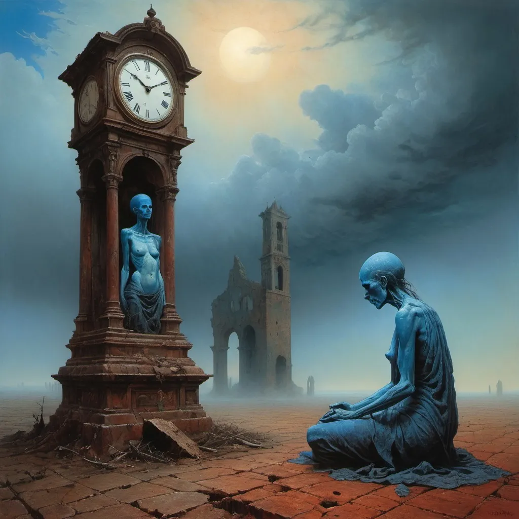 Prompt: Generate Zdzisław Beksiński, umbria, sanguine Generate The painting shows a blue-skinned, emaciated figure, leaning over a large, ruined clock. Woman Meditates. The central figure is an emaciated, mysterious woman. The Umbrian and Sanguine styles are used. He appears to be contemplating or examining a large clock on the ground. The clock is brownish and decayed, with holes and missing parts, indicating that it has been buried in the ground for a long time. In the background you can see a huge phone in the clouds that is barely recognizable. The clock is immersed in a foggy atmosphere. gloom.