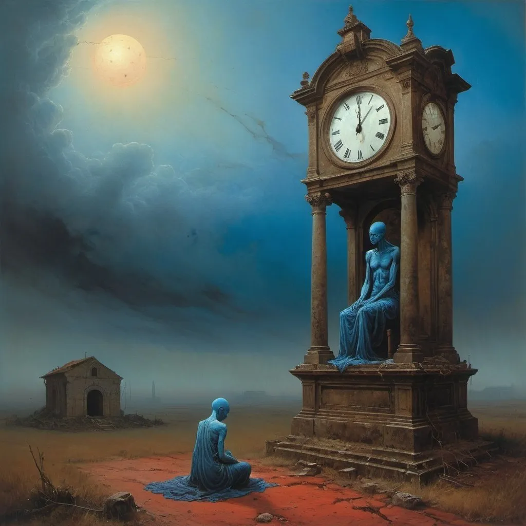 Prompt: Generate Zdzisław Beksiński, umbria, sanguine Generate The painting shows a blue-skinned, emaciated figure, leaning over a large, ruined clock. Woman Meditates. The central figure is an emaciated, mysterious woman. The Umbrian and Sanguine styles are used. He appears to be contemplating or examining a large clock on the ground. The clock is brownish and decayed, with holes and missing parts, indicating that it has been buried in the ground for a long time. In the background you can see a huge phone in the clouds that is barely recognizable. The clock is immersed in a foggy atmosphere. gloom.