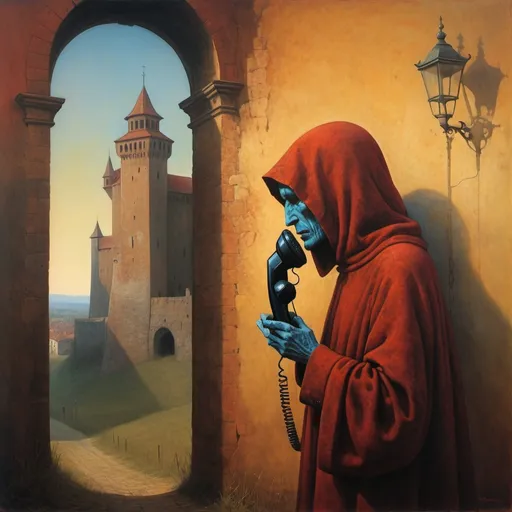 Prompt: Generate an image in the style of the painter Zdzisław Beksiński. oil painting, Umbria, sanguine, Apply style light and shadow, asymmetry, Wawel Castle in Krakow, on the side of the painting a mysterious figure with a scary face with a landline phone.