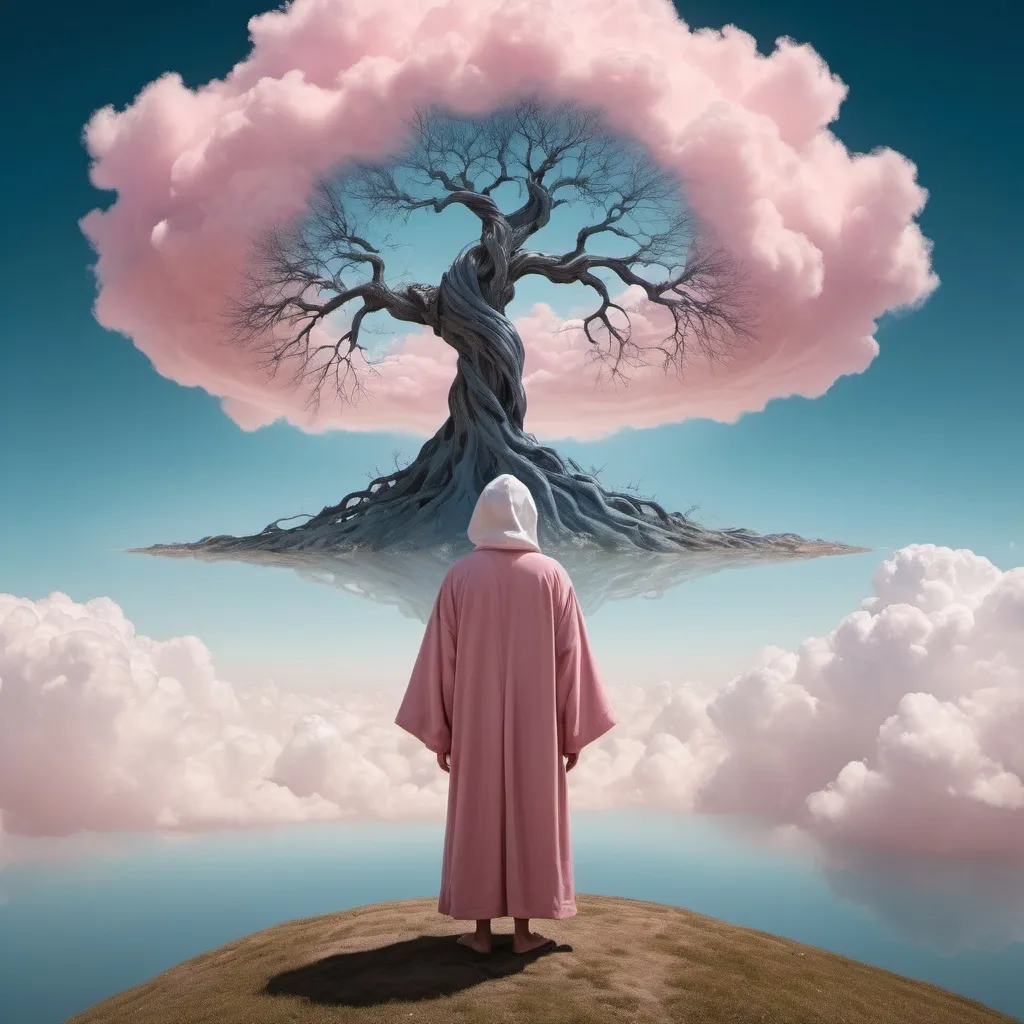 Prompt: In a realm where reality bends and twists,
A figure stands on a floating earth's midst.
Gazing afar at a lone tree's sight,
Cloaked in a robe, under the soft light.

The sky, a canvas of blue, white, and pink,
Where fluffy clouds freely float and sink.
The earth, unbound by gravity's chain,
Floats like a dream in the memory lane.

The figure, a mystery wrapped in a robe,
In this surreal world, probes.
A world where earth and sky intertwine,
Painted in hues of Umbria and Sangwina.

The scene whispers tales of the arcane,
Of surrealism in every frame.
A world where the usual rules unwind,
And leaves a trail of wonder in the mind.