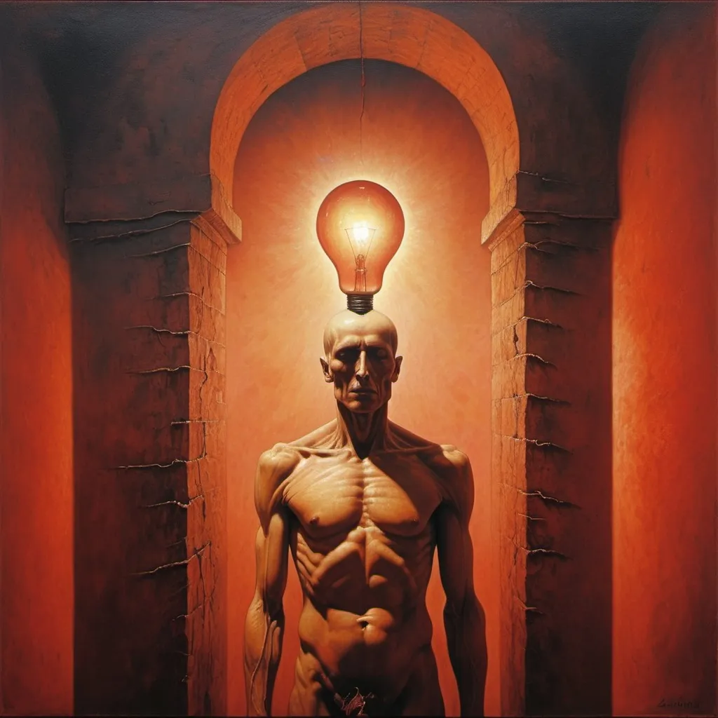 Prompt: Generate an image in the style of the painter Zdzisław Beksiński. oil painting, Umbria, sanguine, Apply light and shadow style, asymmetry, Wawel in Krakow, Apply light and shadow style. in the center there is a figure with a torn chest and a light bulb in the middle