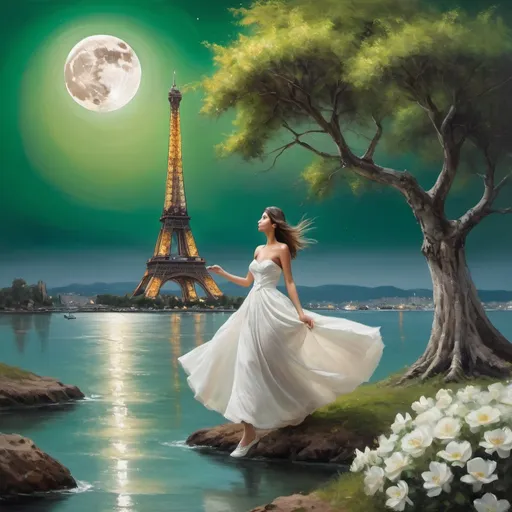 Prompt: Generate an oil painting.  The photo shows a fantastic scene of floating islands with a large moon in the background. The woman is shown in a wedding dress. He holds shoes in his hand. Pose women very sharply, expressively. The background is very blurry, only the woman can be seen very clearly and sharply. On one island there is a tree with white flowers, and on the other you can see a building resembling the Eiffel Tower.  green



