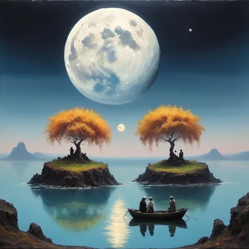 Prompt: Generate an oil painting. The photo shows a fantastic scene of two floating islands with a large telephone instead of the moon. Phone in the background. Two mysterious figures. The figures can be seen very sharply and expressively. The background is very blurry, only the characters can be seen clearly and sharply. On one island there is a tree with white fruit, leaves like in autumn.