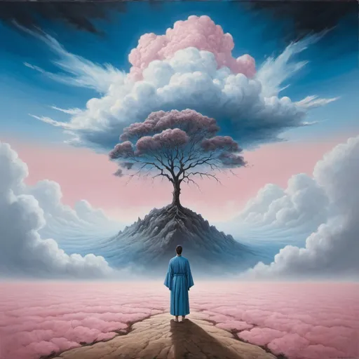Prompt: Generate The image shows a person standing on the edge of a floating clump of earth, looking towards a lone tree at the other end. The scene is ethereal with floating clumps of earth against a cloudy sky. The person is depicted in a flowing robe, which adds mystery to the subject of the painting. The sky is painted in shades of blue, white and pink, giving it an unreal look. The clouds are fluffy and scattered all over the sky. An element of surrealism is evident as clumps of earth float among the clouds with no visible support or connection to the ground.