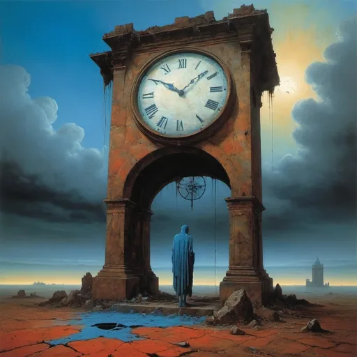 Prompt: Generate Zdzisław Beksiński, umbria, sanguine Generate The painting shows a blue-skinned, emaciated figure, leaning over a large, ruined clock. He meditates. The central figure is an emaciated, mysterious woman. The Umbrian and Sanguine styles are used. He appears to be contemplating or examining a large clock on the ground. The clock is brownish and decayed, with holes and missing parts, indicating that it has been buried in the ground for a long time. In the background you can see a huge phone in the clouds that is barely recognizable. The clock is immersed in a foggy atmosphere. gloom.