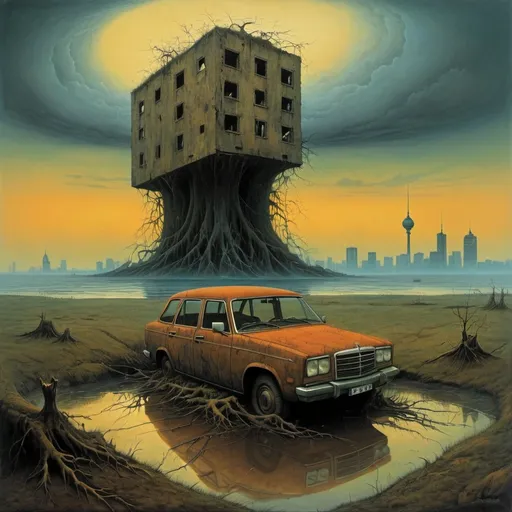 Prompt: Regenerate this painting in the style of the painter Zdzisław Beksiński. In the background you can see  berlin , and above it there is a huge ruined camper with roots coming out of the ocean. There must be asymmetry. Irregular shapes. You can see Berlin in the background and a huge radio above it. The  motor  surrounds part of the image