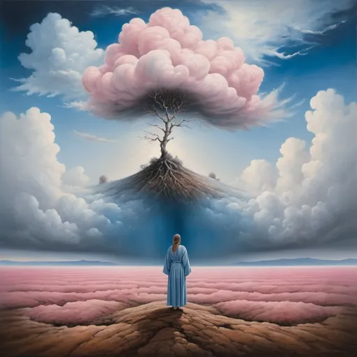 Prompt: Generate  women, umbria iand sangwina. The image shows a person standing on the edge of a floating clump of earth, looking towards a lone tree at the other end. Umbria, sangwina  The scene is ethereal with floating clumps of earth against a cloudy sky. The person is depicted in a flowing robe, which adds mystery to the subject of the painting. The sky is painted in shades of blue, white and pink, giving it an unreal look. The clouds are fluffy and scattered all over the sky. An element of surrealism is evident as clumps of earth float among the clouds with no visible support or connection to the ground.