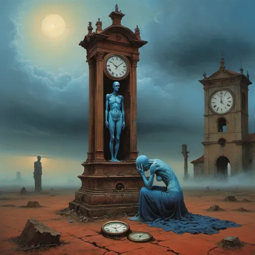 Prompt: Generate Zdzisław Beksiński, umbria, sanguine Generate The painting shows a blue-skinned, emaciated figure, leaning over a large, ruined clock. Woman Meditates. The central figure is an emaciated, mysterious woman. The Umbrian and Sanguine styles are used. He appears to be contemplating or examining a large clock on the ground. The clock is brownish and decayed, with holes and missing parts, indicating that it has been buried in the ground for a long time. In the background you can see a huge phone in the clouds that is barely recognizable. The clock is immersed in a foggy atmosphere. gloom.