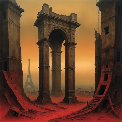 Prompt: Generate a painting in the style of the painter Zdzisław Beksiński. Create an artistic composition that arouses anxiety and fascination at the same time. Use sanguine and umbria. The background is Paris, ruins. Generate a surreal landscape with unrealistic forms.
Create an image of a post-apocalyptic landscape with creepy structures. Paryż,