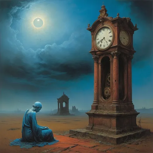 Prompt: Generate Zdzisław Beksiński, umbria, sanguine Generate The painting shows a blue-skinned, emaciated figure, leaning over a large, ruined clock. Woman Meditates. The central figure is an emaciated, mysterious woman. The Umbrian and Sanguine styles are used. He appears to be contemplating or examining a large clock on the ground. The clock is brownish and decayed, with holes and missing parts, indicating that it has been buried in the ground for a long time. In the background you can see a huge phone in the clouds that is barely recognizable. The clock is immersed in a foggy atmosphere. gloom.