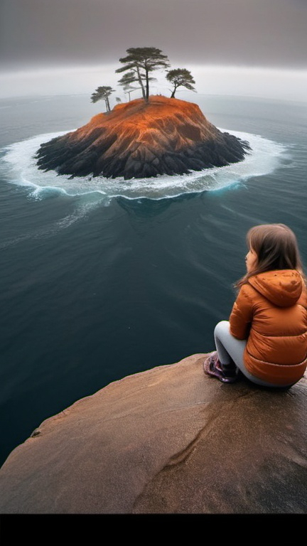Prompt: Generate a small island in the shape of a lump of earth, it is brown, the top of the island is covered with ice, a little girl is sitting on the island with her back turned, looking into the distance, there is a slightly orange fog in the background. The girl can be seen very clearly, she is lit. At the base of the island there is a gray, choppy sea. The island emerges from the depths of the ocean. Use perspective foreshortening in the image.