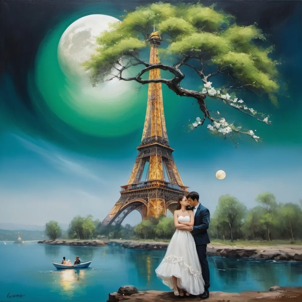 Prompt: Generate an oil painting.  The photo shows a fantastic scene of floating islands with a large moon in the background. The woman is shown in a wedding dress. He holds shoes in his hand. Pose women very sharply, expressively. The background is very blurry, only the woman can be seen very clearly and sharply. On one island there is a tree with white flowers, and on the other you can see a building resembling the Eiffel Tower.  green, Phthalo Blue, Prussian Blue



