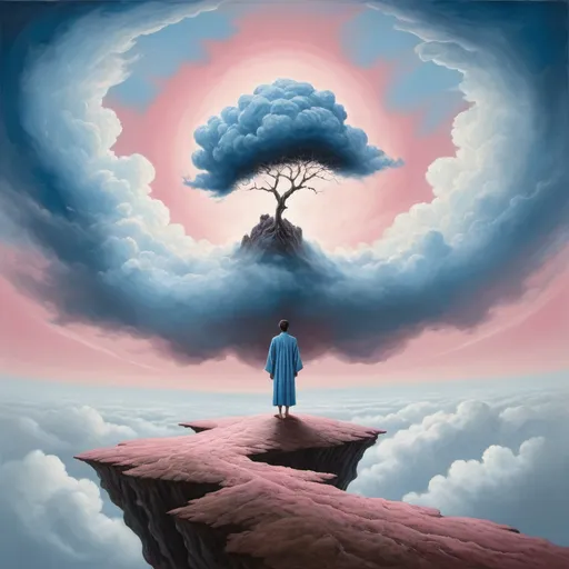 Prompt: Generate The image shows a person standing on the edge of a floating clump of earth, looking towards a lone tree at the other end. The scene is ethereal with floating clumps of earth against a cloudy sky. The person is depicted in a flowing robe, which adds mystery to the subject of the painting. The sky is painted in shades of blue, white and pink, giving it an unreal look. The clouds are fluffy and scattered all over the sky. An element of surrealism is evident as clumps of earth float among the clouds with no visible support or connection to the ground.