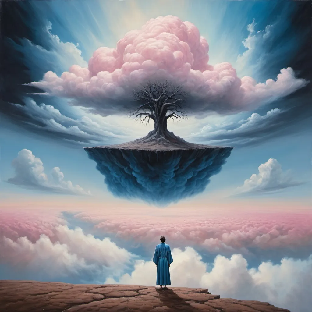 Prompt: Generate The image shows a person standing on the edge of a floating clump of earth, looking towards a lone tree at the other end. The scene is ethereal with floating clumps of earth against a cloudy sky. The person is depicted in a flowing robe, which adds mystery to the subject of the painting. The sky is painted in shades of blue, white and pink, giving it an unreal look. The clouds are fluffy and scattered all over the sky. An element of surrealism is evident as clumps of earth float among the clouds with no visible support or connection to the ground.