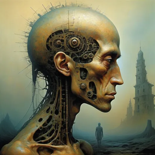Prompt: Generate a painting in the style of the painter Zdzisław Beksiński. Design a hybrid human being with animal and mechanical elements. Create an artistic composition that arouses anxiety and fascination at the same time.. emphasize the specific character of Beksiński's style.