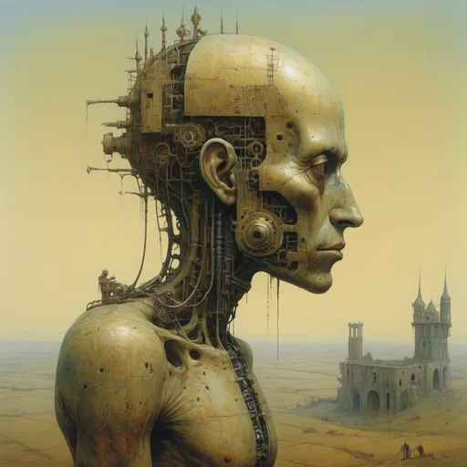 Prompt: Design a hybrid human being with animal and mechanical elements. TV, Parys. Zdzisław Beksiński umbria, sangwina 