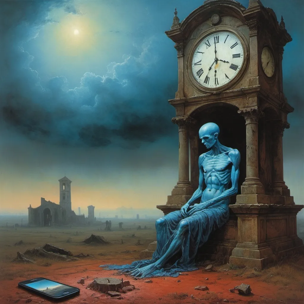 Prompt: Generate Zdzisław Beksiński, umbria, sanguine Generate The painting shows a blue-skinned, emaciated figure, leaning over a large, ruined clock. He meditates. The central figure is an emaciated, mysterious woman. The Umbrian and Sanguine styles are used. He appears to be contemplating or examining a large clock on the ground. The clock is brownish and decayed, with holes and missing parts, indicating that it has been buried in the ground for a long time. In the background you can see a huge phone in the clouds that is barely recognizable. The clock is immersed in a foggy atmosphere. gloom.