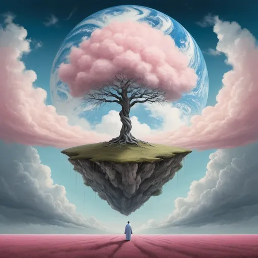 Prompt: In a realm where reality bends and twists,
A figure stands on a floating earth's midst.
Gazing afar at a lone tree's sight,
Cloaked in a robe, under the soft light.

The sky, a canvas of blue, white, and pink,
Where fluffy clouds freely float and sink.
The earth, unbound by gravity's chain,
Floats like a dream in the memory lane.

The figure, a mystery wrapped in a robe,
In this surreal world, probes.
A world where earth and sky intertwine,
Painted in hues of Umbria and Sangwina.

The scene whispers tales of the arcane,
Of surrealism in every frame.
A world where the usual rules unwind,
And leaves a trail of wonder in the mind.