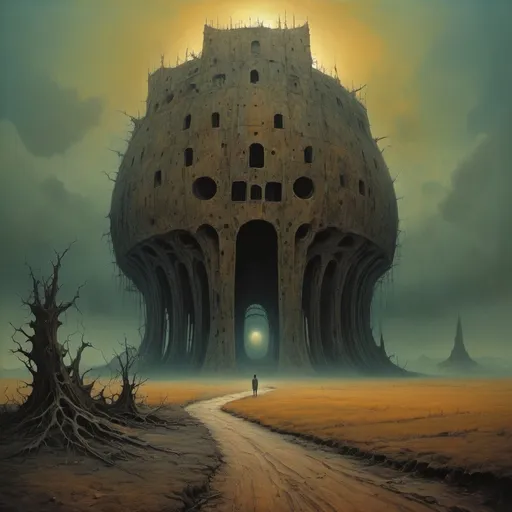 Prompt: Generate a surreal landscape with unrealistic forms." Zdzisław Beksiński style.
2. "Create an image of a post-apocalyptic landscape with creepy structures."
3. "Design a hybrid human being with animal and mechanical elements."
4. "Create an artistic composition that arouses anxiety and fascination at the same time."
5. “Create an abstract painting that shows the duality between beauty and horror.