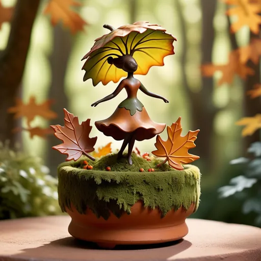 Prompt: A whimsical miniature figure composed of delicately arranged autumn leaves, poised in a carefree dance on the rim of a weathered, moss-covered terracotta pot, set against a lush, vibrant forest backdrop, where dappled sunlight filters through the canopy above, casting intricate shadows. The overall aesthetic is ethereal, with warm, earthy tones of sienna, umber, and olive green, infused with hints of emerald and golden light, evoking a sense of wonder and enchantment, as if plucked from a fantastical realm.