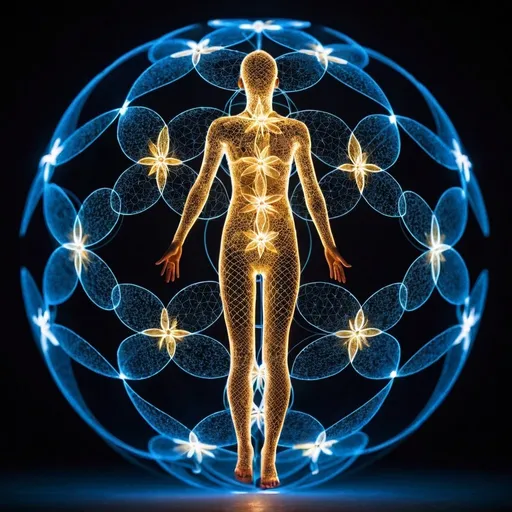 Prompt: the flower of life glowing as a globe around the human form