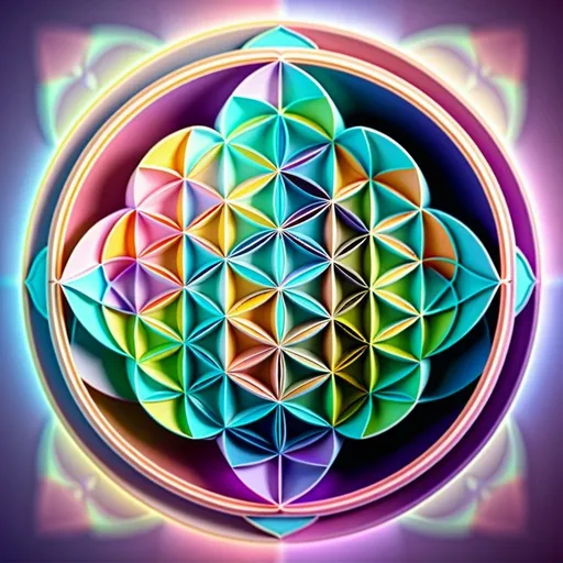 Prompt: 3D rendering of the Flower of Life, intricate geometric patterns, vibrant and ethereal energy, high definition, 4k, ultra-detailed, sacred geometry, spiritual, glowing pastel tones, radiant light source, symmetrical design, mesmerizing complexity