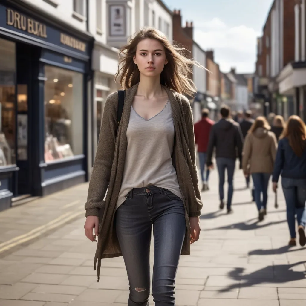 Prompt: Tall young woman walking down the high street, detailed clothing, realistic, natural lighting