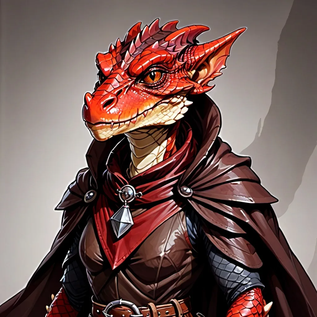 Prompt: Kobold with red scales, wearing dark brown cape