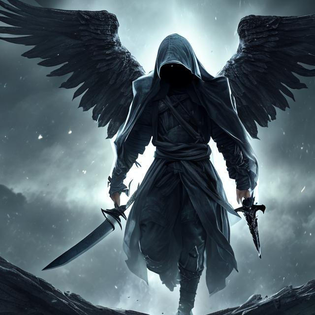 Prompt: a fallen angel with a sword and a hood covering his face in 4k resolution, full body, facing the screen, in the center of the screen, further away from the screen