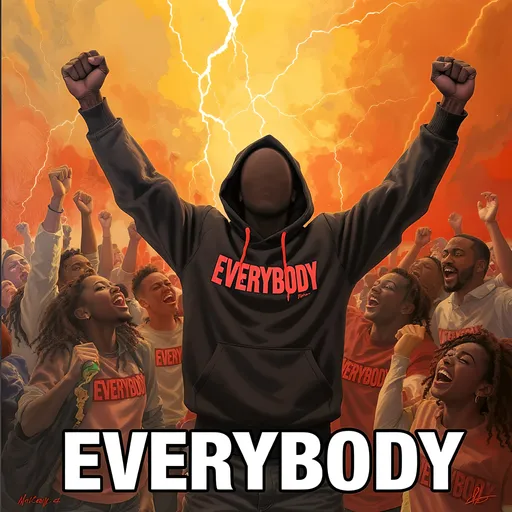 Prompt: An artwork depicting the after struggle of a black gentleman with no face, in triumph while everyone around looks on in shock and some in shame while others have love and affection to show the don’t know how. But the faceless black man should be the main character and should have a hood on with the word “EVERYBODY” written boldly in Red and so should be written in the shirts of every character in the artwork. The artwork should also have a caption “EVERYBODY” boldly written on it. 