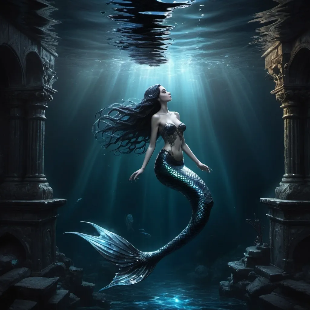 Prompt: (misc-gothic style) a mermaid floating gracefully in dark, ethereal water, surrounded by shimmering reflections, ancient ruins visible beneath the surface, a powerful whale breaching nearby, creating tumultuous waves, muted color palette with deep blues and shadowy blacks, dramatic lighting highlighting the mermaid's majestic scales, enchanting aura, ultra-detailed, high quality, dreamlike atmosphere.