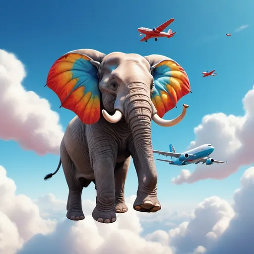 Prompt: A elephant flying on giand fly next to airplane