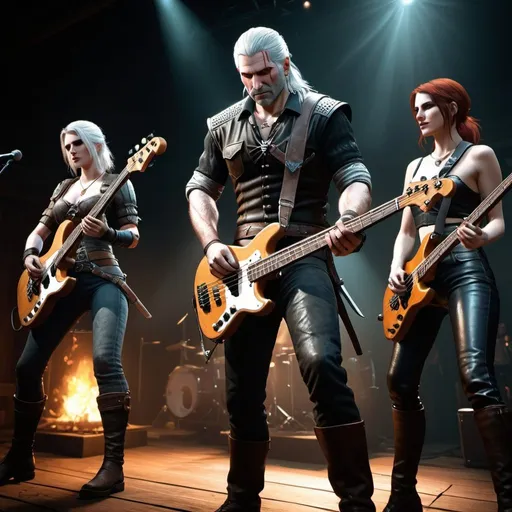 Prompt: Witcher 3 Geralt being a rockstar, on stage, spotlight, photorealistic, Triss Merigold being a bass guitar, Yennifer being a drummer, Ciri being a lead guitarist, rock n roll