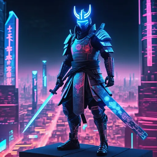 Prompt: A futuristic cybernetic samurai warrior, standing on the edge of a neon-lit dystopian city, overlooking a digital metaverse. His armor glows with blockchain-coded engravings, each symbol representing a transaction from an ancient ledger. The warrior holds a plasma katana infused with shifting holographic data streams. Behind him, a portal opens to an infinite digital realm, where pixelated spirits and AI-powered creatures roam. The art style blends cyberpunk aesthetics with Japanese traditional warrior motifs, creating a mesmerizing contrast of past and future