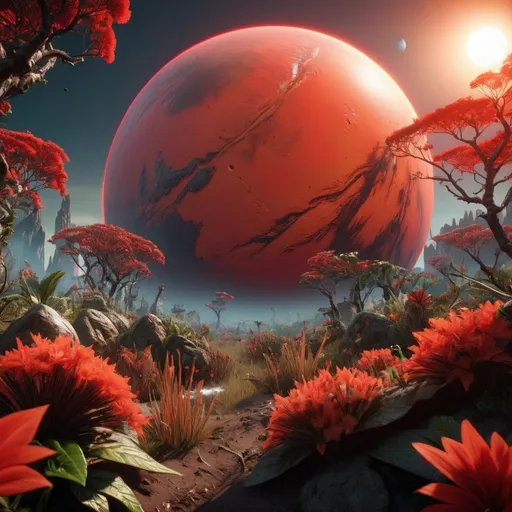 Prompt: a highly detailed planet akin to that of earth but with a red sun and an abundance of fauna and flora , with extreme detail, high quality, unreal engine