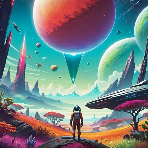 Prompt: hyper-realistic no mans sky poster with a lot of detail and perfectly made to match the games theme and aura 
