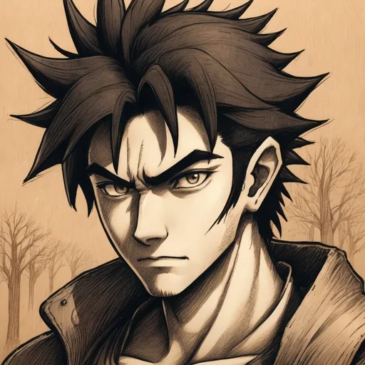 Prompt: Slim, farmer build, black spiky hair, , determined, 18-year-old innocent,
, akira toriyama art style,
 , 90s anime art style, World of Warcraft art style, fantasy, pencil detail texture, Rich detail.
On brown paper, Johnny appleseed, holding a tiny appleseed, a golden appleseed, when swallowed, flame aura, around johnny,