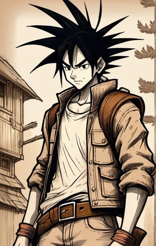 Prompt: Slim, farmer build, black spiky hair, , determined, 18-year-old innocent,
, akira toriyama art style,
 , 90s anime art style, World of Warcraft art style, fantasy, pencil detail texture, Rich detail.
On brown paper, Johnny appleseed,