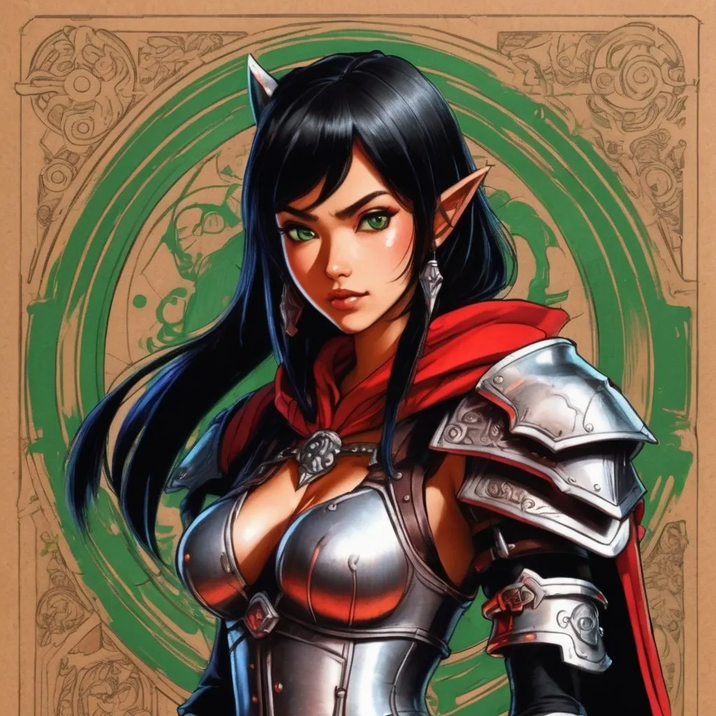 Prompt: Human woman, armor metal,  green metal bow,on light brown paper.world of warcraft art, pencil detail texture, red clock, ranger, black hair,  little red riding hood. Akira toriyama art style 90s anime art style, 