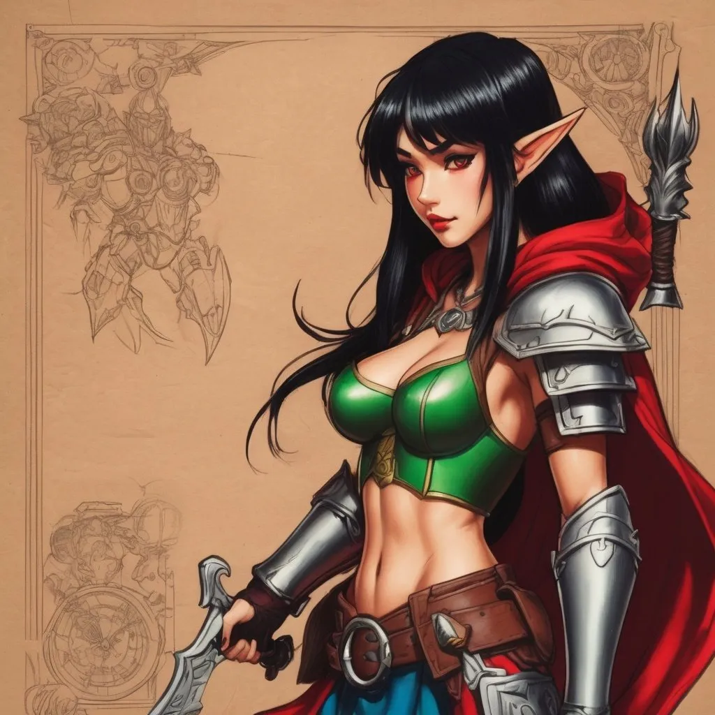 Prompt: Human woman, armor metal,  green metal bow,on light brown paper.world of warcraft art, pencil detail texture, red clock, ranger, black hair,  little red riding hood. Akira toriyama art style 90s anime art style, 