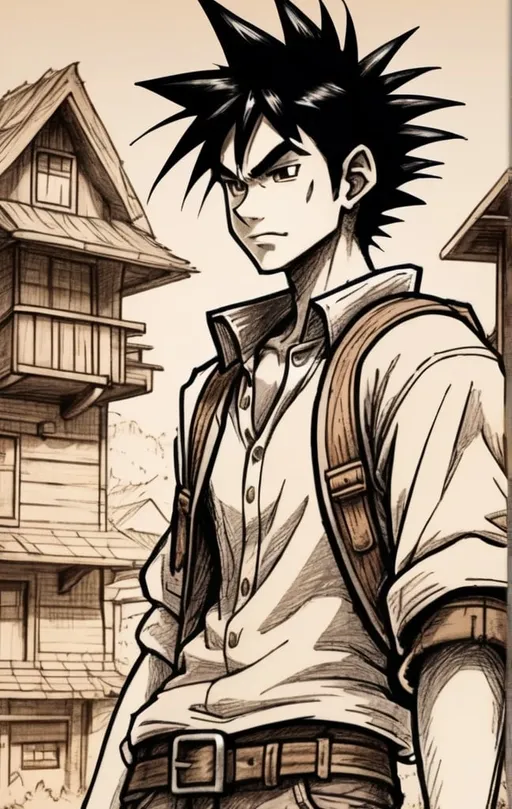 Prompt: 

Human male ,Slim, farmer build, black spiky hair, , determined, 18-year-old innocent,
, akira toriyama art style,
 , 90s anime art style, World of Warcraft art style, fantasy, pencil detail texture, Rich detail.
On brown paper, Johnny appleseed