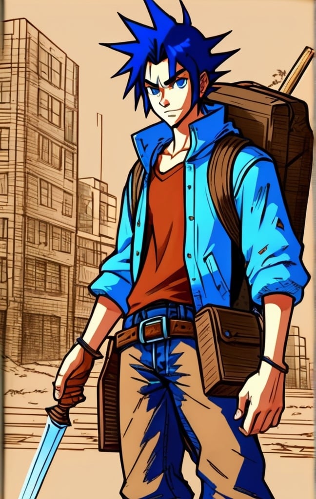 Prompt: 

Human male ,Slim, farmer build, black spiky hair, Blue eyes, determined, 18-year-old innocent,
, akira toriyama art style,
 , 90s anime art style, World of Warcraft art style, fantasy, pencil detail texture, Rich detail.
On brown paper, Johnny appleseed