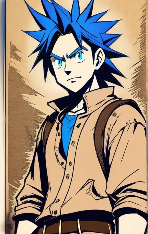 Prompt: 

Human male ,Slim, farmer build, black spiky hair, Blue eyes, determined, 18-year-old innocent,
, akira toriyama art style,
 , 90s anime art style, World of Warcraft art style, fantasy, pencil detail texture, Rich detail.
On brown paper, Johnny appleseed