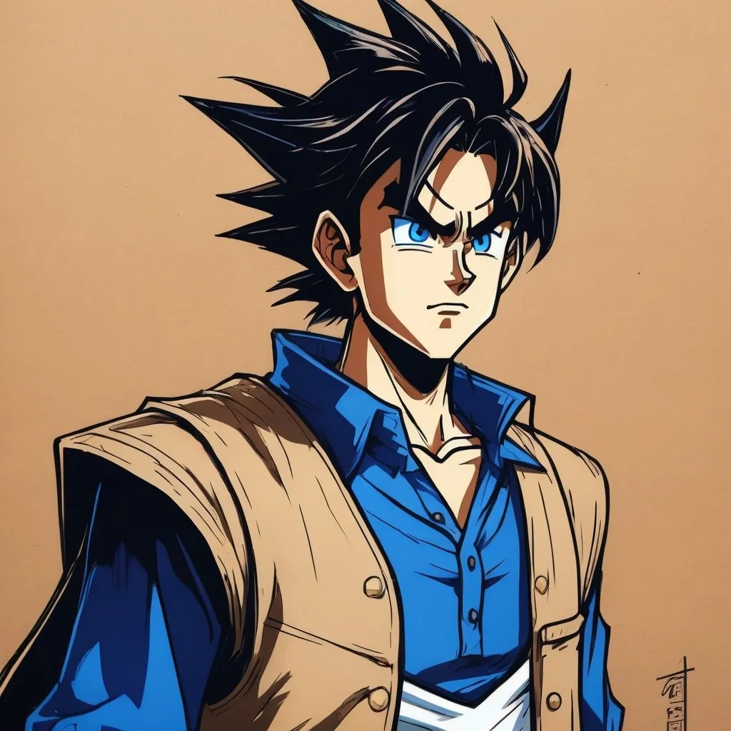 Prompt: Humane male ,Slim, farmer build,black spiky hair Blue eyes, determined, 18-year-old innocent,
 Artix entertainment art style, akira toriyama art style,
 Dragon ball z art style, 90s anime art style, World of Warcraft art style fantasy? Rich detail.
On brown paper, Johnny appleseed