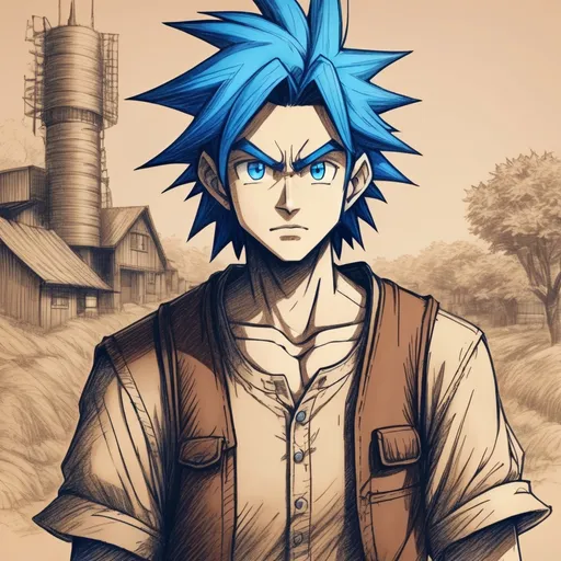 Prompt: 

Human male ,Slim, farmer build,black spiky hair Blue eyes, determined, 18-year-old innocent,
, akira toriyama art style,
 , 90s anime art style, World of Warcraft art style, fantasy, pencil detail texture, Rich detail.
On brown paper, Johnny appleseed