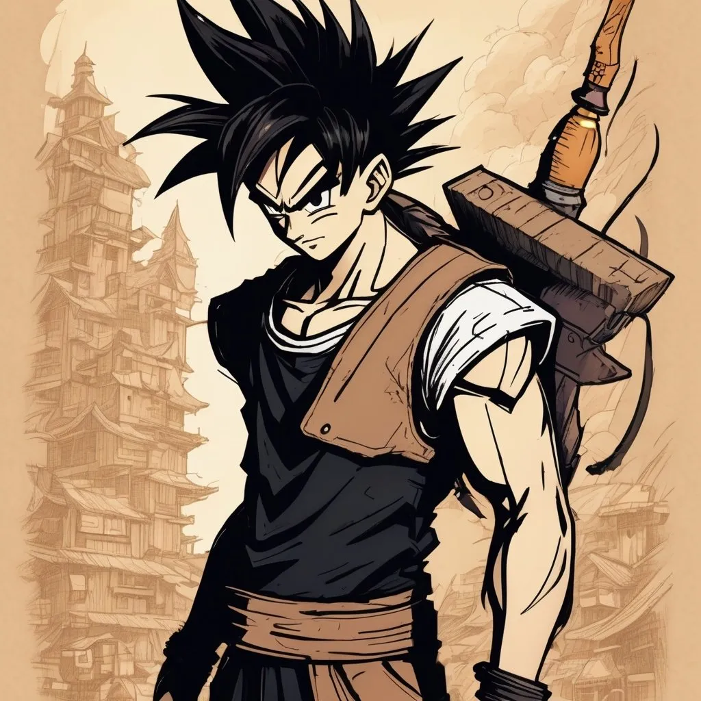 Prompt: Black spiky hair, adventure gear, Innocent, 18-year-old, determined, slim, Small dagger attached to his hip.
  Farmer build, muscular, Happy-go-lucky,;Akira torniyama art style dragon ball z architects artics entertainment art style Rich detail, on brown paper world of warcraft art style, fantasy art style